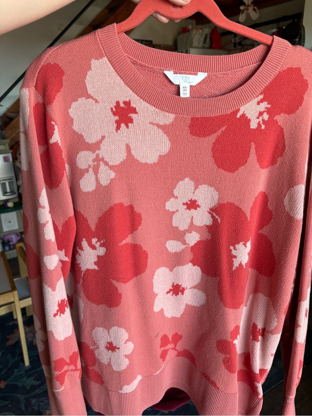 Time and Tru Coral and Light Pink Floral Crewneck Sweater